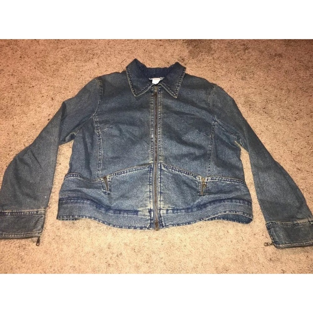 Spanner Solid Blue Jean Stretchable Denim Jacket Sz Large Womens Zip
